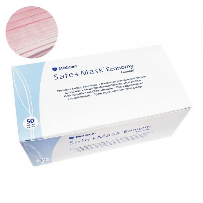 Захисні маски процедурні з петлями для вух Medicom SAFE+MASK Economy, рожеві 50 пар (8718007906363)