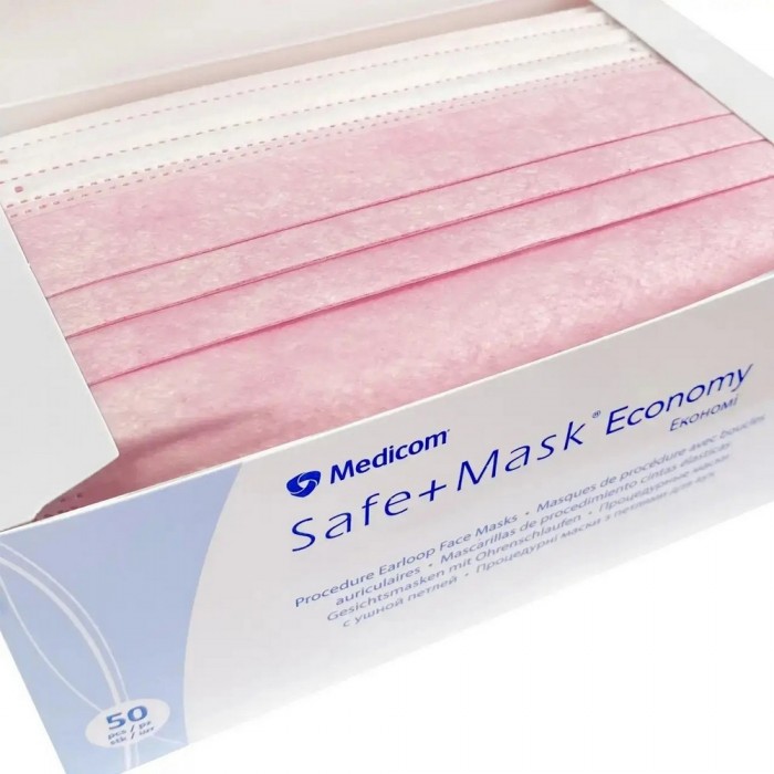 Захисні маски процедурні з петлями для вух Medicom SAFE+MASK Economy, рожеві 50 пар (8718007906363)