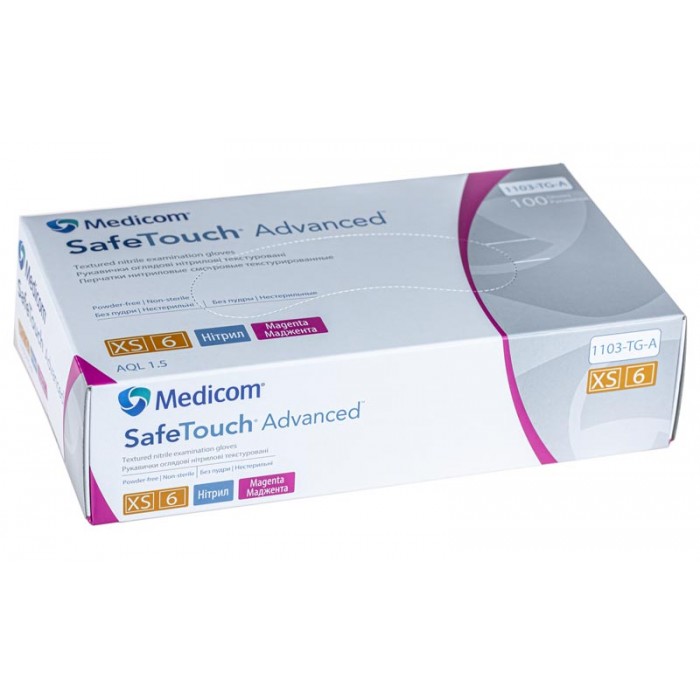 Рукавички нiтриловi оглядовi текстуровані без пудри нестерильні Medicom SafeTouch Advanced маджента, 3,5г розмір XS 50 пар (8718007911367)