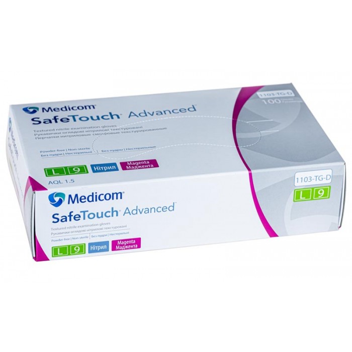 Рукавички нiтриловi оглядовi текстуровані без пудри нестерильні Medicom SafeTouch Advanced маджента, 3,5г розмір L 50 пар (8718007911480)