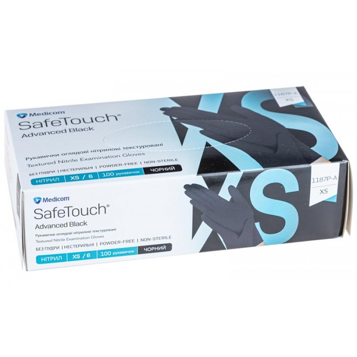 Рукавички нітрилові оглядові текстуровані без пудри нестерильні Medicom SafeTouch Advanced Black чорні, 3,5г розмір XS 50 пар (8720249904083)