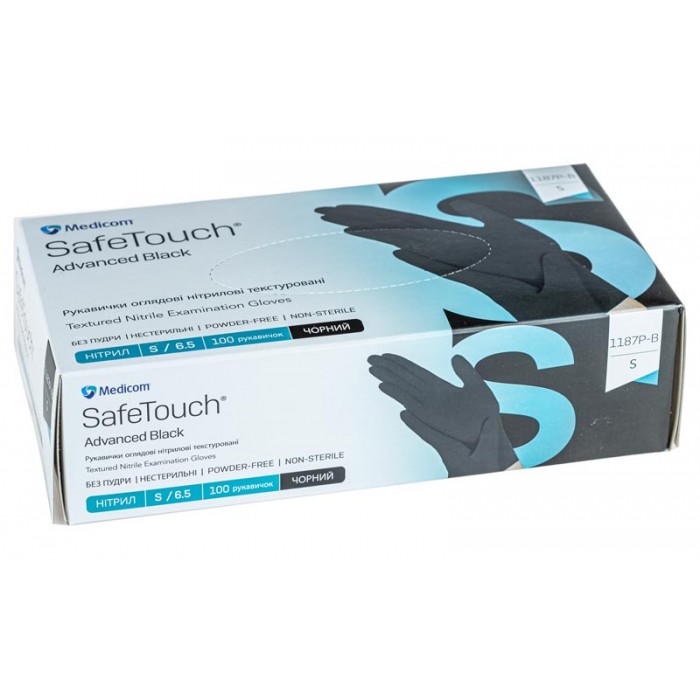 Рукавички нітрилові оглядові текстуровані без пудри нестерильні Medicom SafeTouch Advanced Black чорні, 3,5г розмір S  50 пар (8720249904090)
