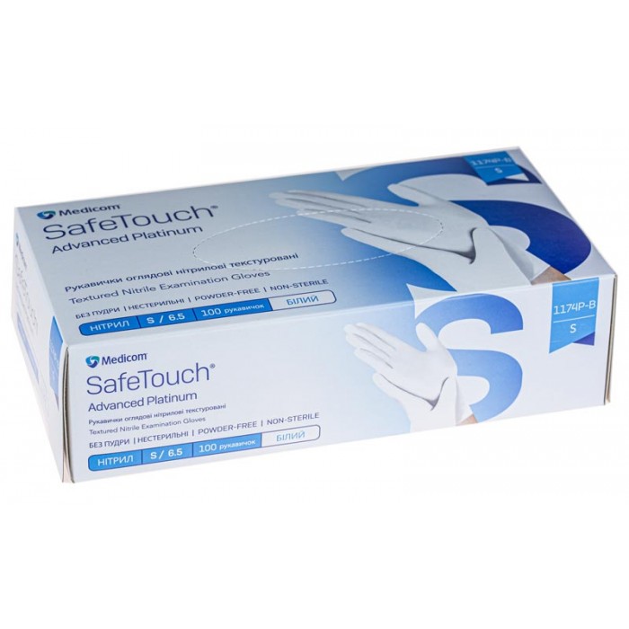 Рукавички нітрилові оглядові текстуровані без пудри нестерильні Medicom SafeTouch Advanced Platinum 3,5г білі, розмір S 50 пар (8720249904397)