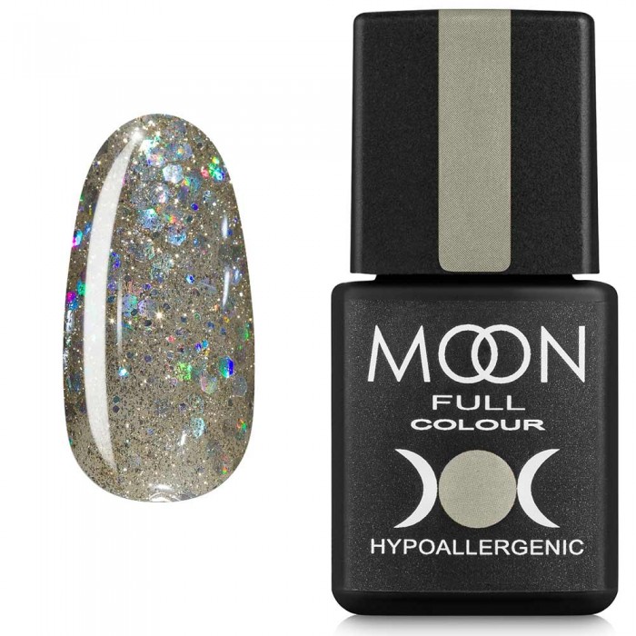 Гель-лак MOON FULL color Gel polish №328 сріблясто-золотий з різнобарвним глітером 8 мл (5908254188886)