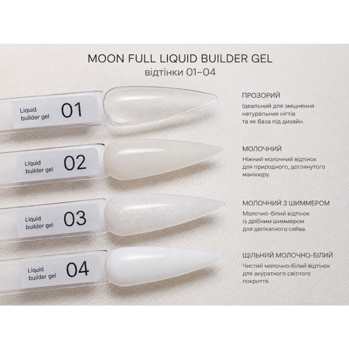 Рідкий гель Baby Moon Liquid Builder Gel для зміцнення та моделювання нігтів, 15 мл № 01 (5905123011436)